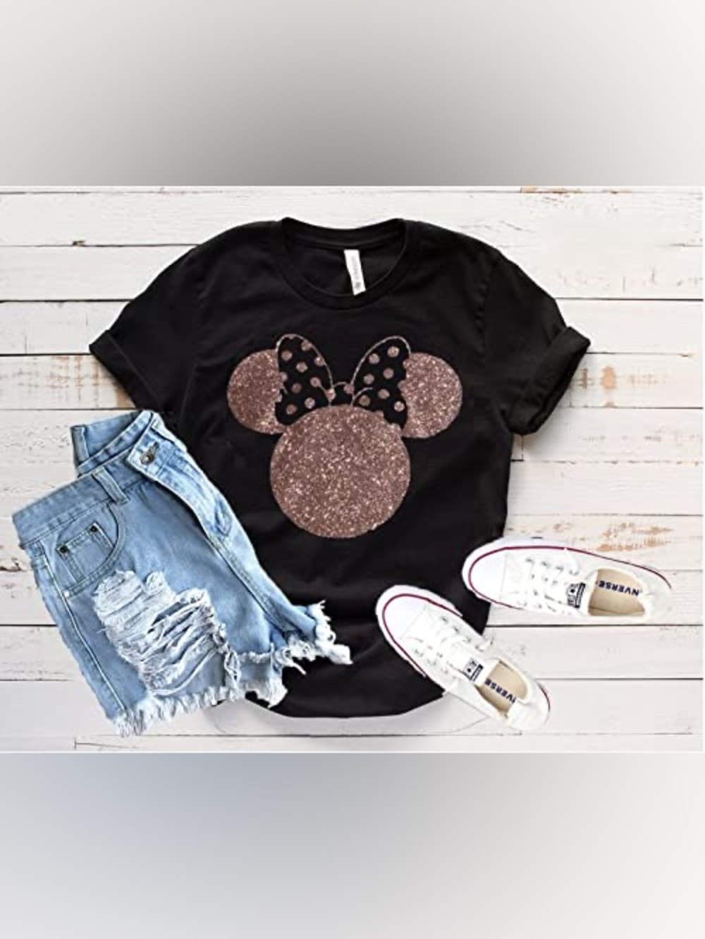 Rose Gold Glitter Minnie Mouse Black T-Shirt - Disney